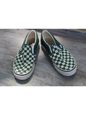FLAWED Vans Classic Slip-On Green White Checkerboard Mens 7. Womens 8.5 Sneakers